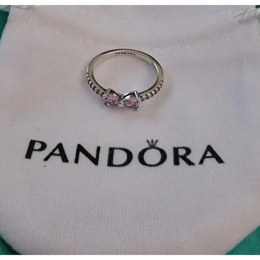 Pandora Sparkling Bow Ring Sterling Silver Pink Heart Cubic Zirconia 190906CZ 54